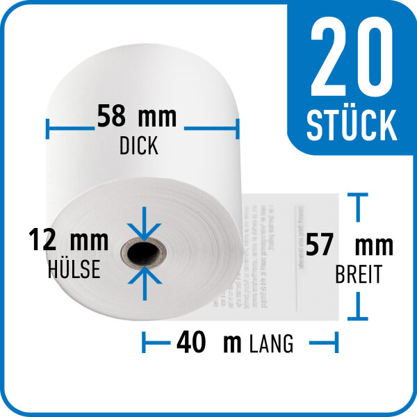 Bonrollen Thermopapier, EC-Cash, 57 mm / 58 mm / 12 mm / 40 m / 20 St&uuml;ck /Karton