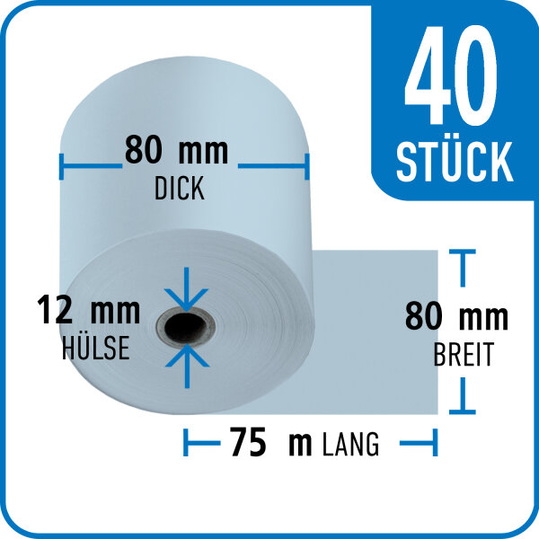 Bonrollen BLUE4EST, 80 mm / 80 mm / 12 mm / 75 m / 40 St&uuml;ck /Karton