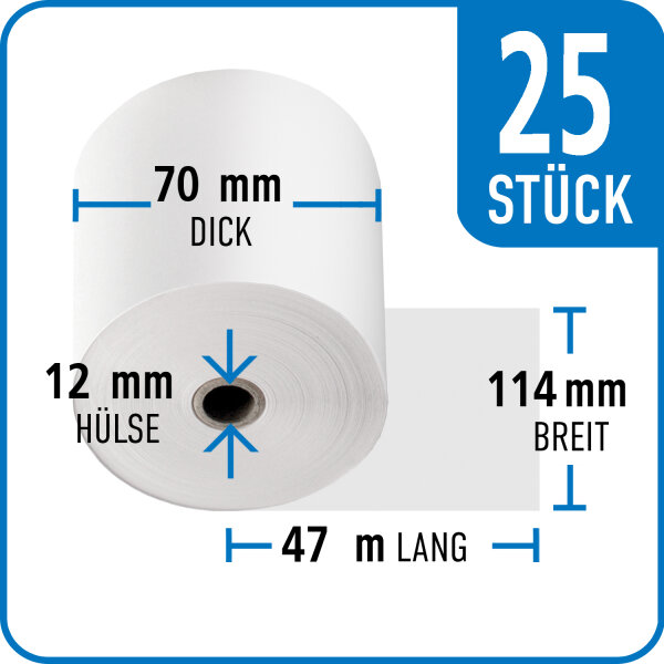Bonrollen Normalpapier, 114 mm / 70 mm / 12 mm / 47 m / 25 St&uuml;ck /Karton