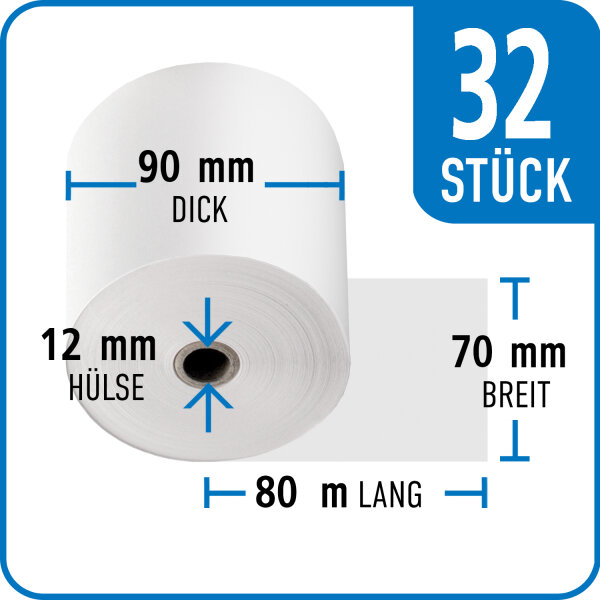 Bonrollen Normalpapier, 70 mm / 90 mm / 12 mm / 80 m / 32 St&uuml;ck /Karton