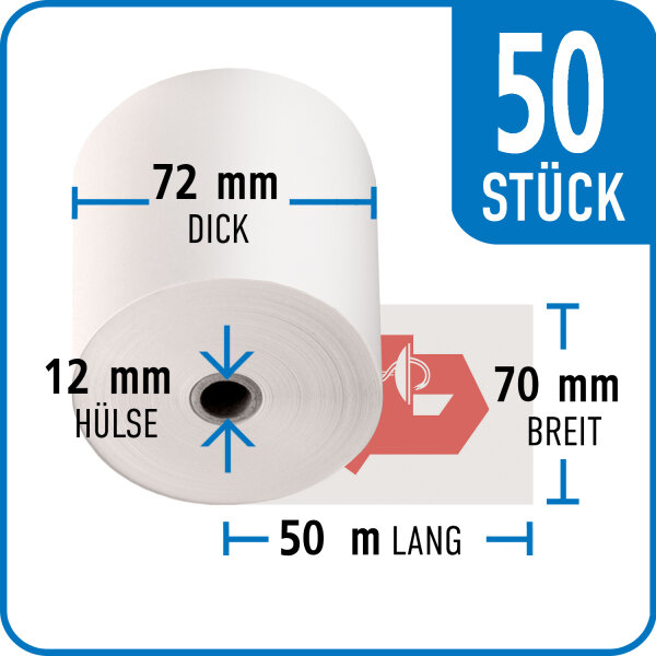 Bonrollen APOTHEKE, Normalpapier, 70 mm / 72 mm / 12 mm / 50 m / 50 St&uuml;ck /Karton