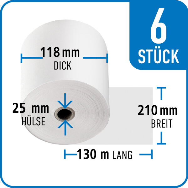 Bonrollen Normalpapier, 210 mm / 118 mm / 25 mm / 130 m / 6 St&uuml;ck /Karton
