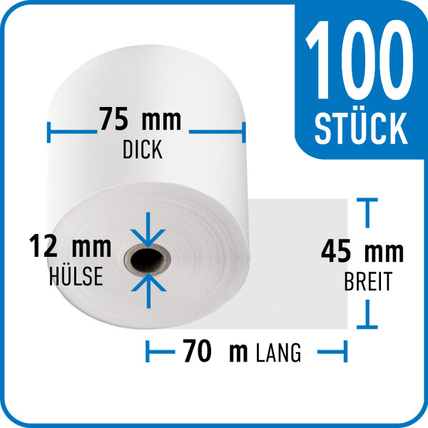 Bonrollen Thermopapier, 45 mm / 75 mm / 12 mm / 70 m / 100 St&uuml;ck /Karton
