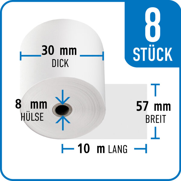 Bonrollen Thermopapier, 57 mm / 30 mm / 8 mm / 10 m / 8 St&uuml;ck /Karton