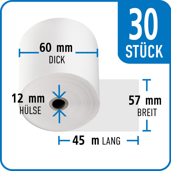 Bonrollen Thermopapier, 57 mm / 60 mm / 12 mm / 45 m / 30 St&uuml;ck /Karton