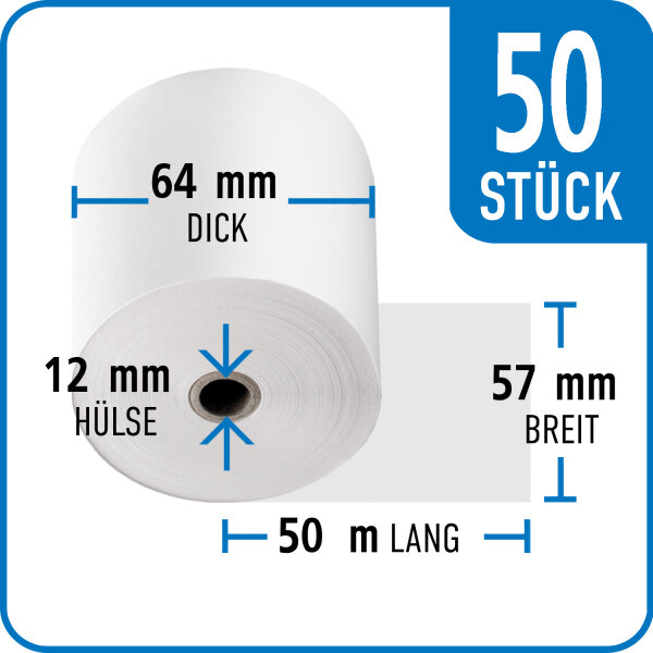 Bonrollen Thermopapier, 57 mm / 64 mm / 12 mm / 50 m / 50 St&uuml;ck /Karton